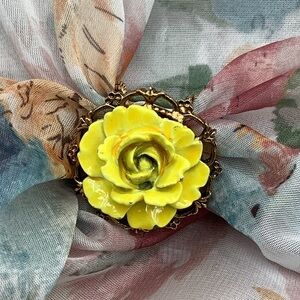 Vintage ART signed Yellow Floral Brooch Scarf